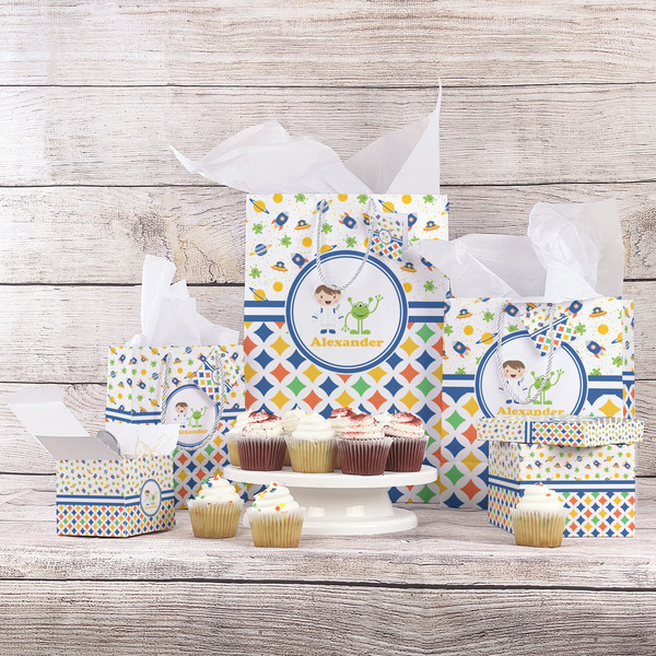 Boy's Space & Geometric Print Gift Bags - In Context