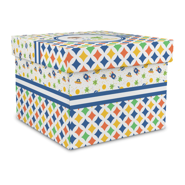 Custom Boy's Space & Geometric Print Gift Box with Lid - Canvas Wrapped - Large (Personalized)