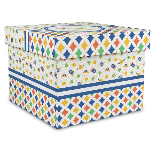 Custom Boy's Space & Geometric Print Gift Box with Lid - Canvas Wrapped - X-Large (Personalized)