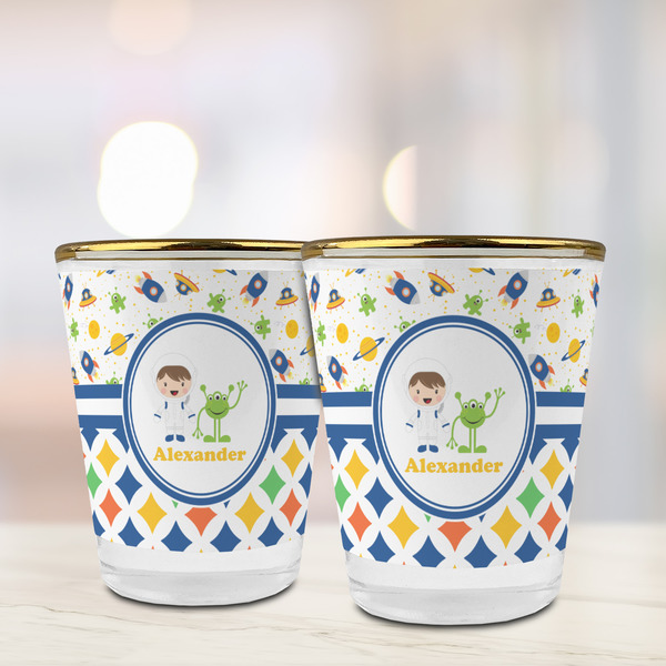 Boy's Space & Geometric Print Glass Shot Glass - with gold rim - LIFESTYLE