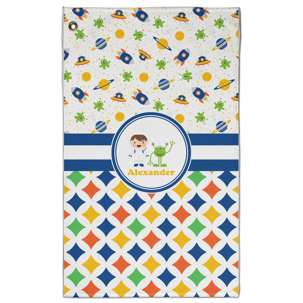 Custom Boy's Space & Geometric Print Golf Towel - Poly-Cotton Blend w/ Name or Text