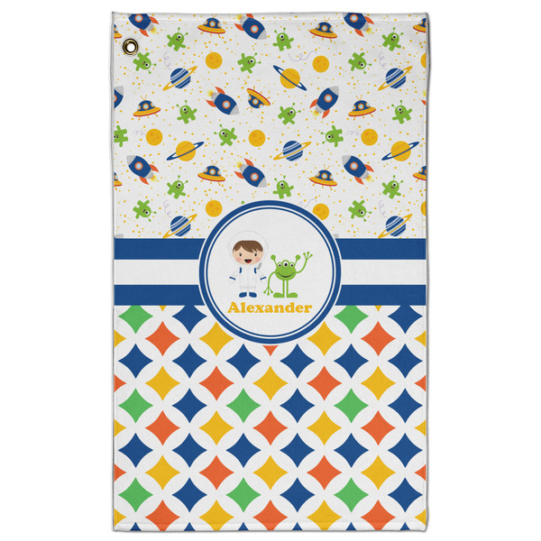 Custom Boy's Space & Geometric Print Golf Towel - Poly-Cotton Blend w/ Name or Text