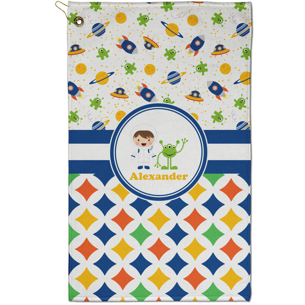 Custom Boy's Space & Geometric Print Golf Towel - Poly-Cotton Blend - Small w/ Name or Text