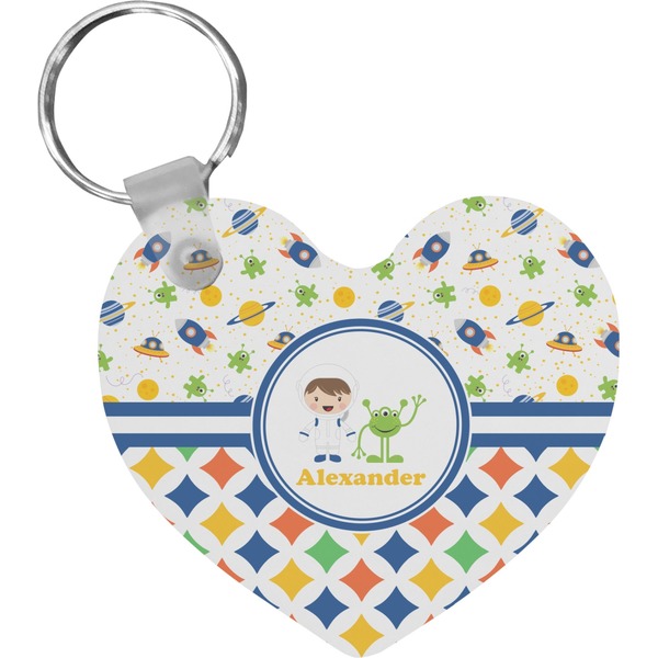 Custom Boy's Space & Geometric Print Heart Plastic Keychain w/ Name or Text