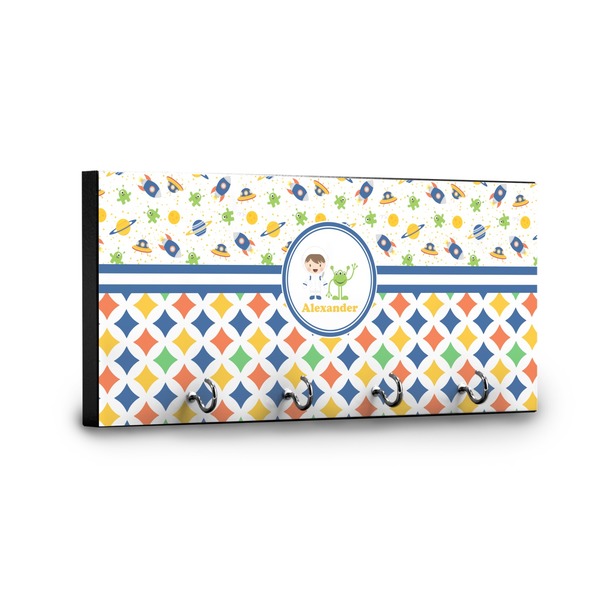 Boy's Space & Geometric Print Key Hanger - Front View with Hooks