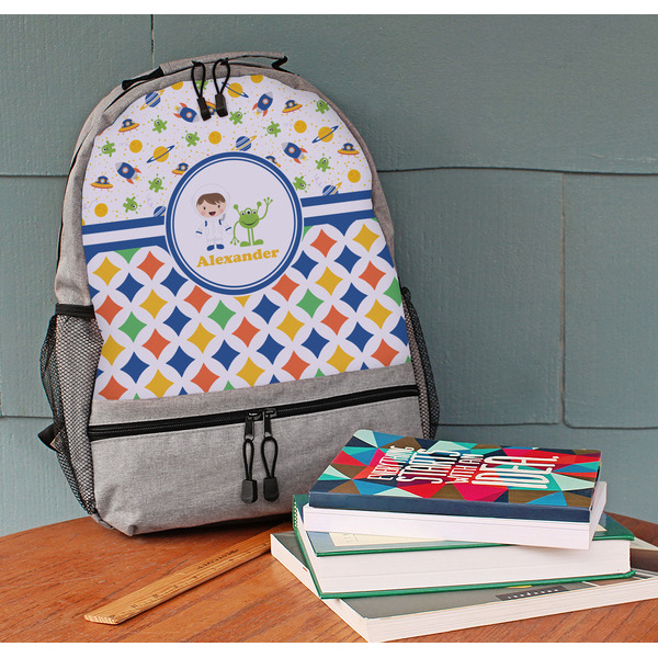 Boy's Space & Geometric Print Large Backpack - Gray - On Desk