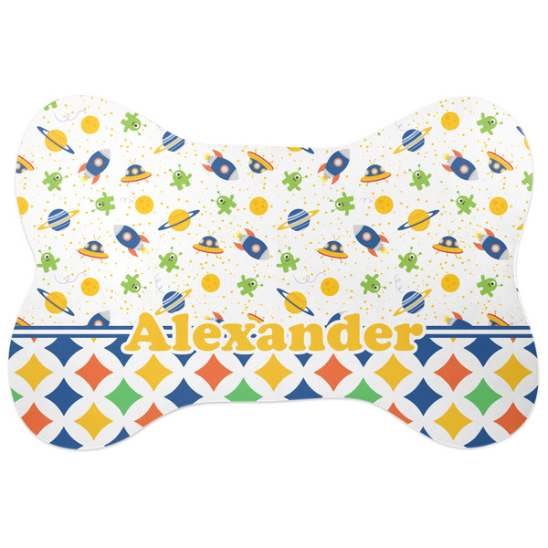 Custom Boy's Space & Geometric Print Bone Shaped Dog Food Mat (Personalized)