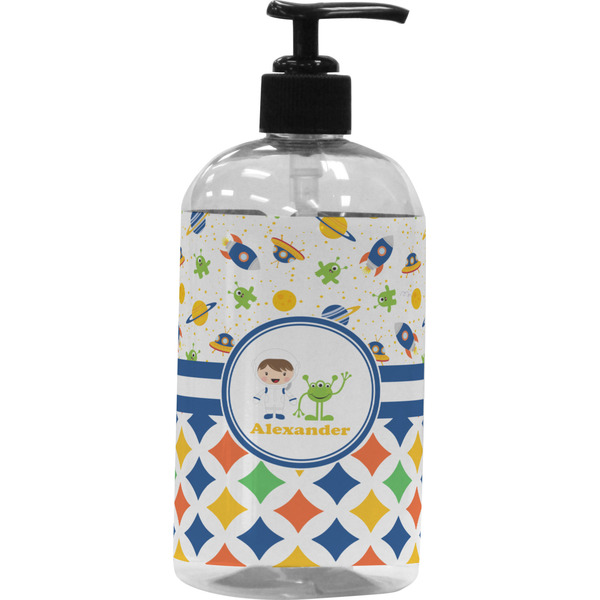 Custom Boy's Space & Geometric Print Plastic Soap / Lotion Dispenser (16 oz - Large - Black) (Personalized)