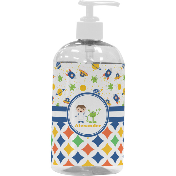 Custom Boy's Space & Geometric Print Plastic Soap / Lotion Dispenser (16 oz - Large - White) (Personalized)