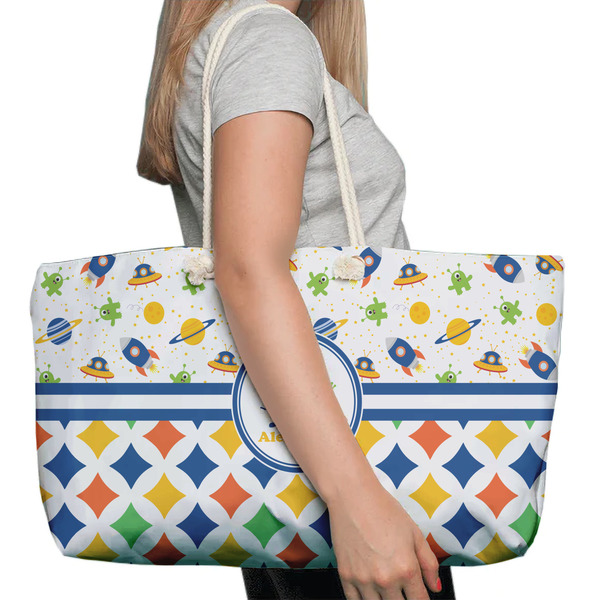 Boy's Space & Geometric Print Large Rope Tote Bag - In Context View