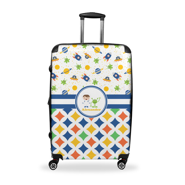 Custom Boy's Space & Geometric Print Suitcase - 28" Large - Checked w/ Name or Text