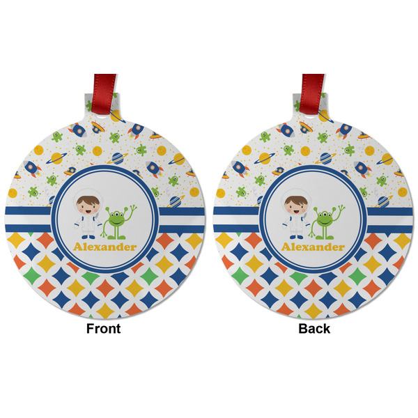 Boy's Space & Geometric Print Metal Ball Ornament - Front and Back