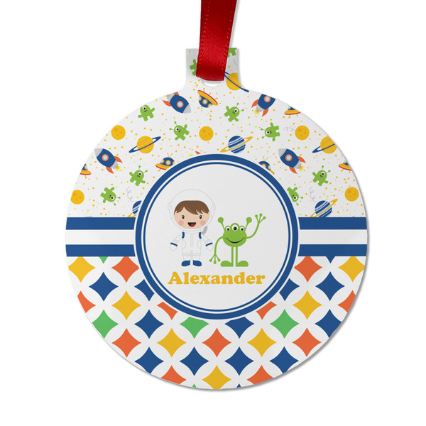 Custom Boy's Space & Geometric Print Metal Ball Ornament - Double Sided w/ Name or Text