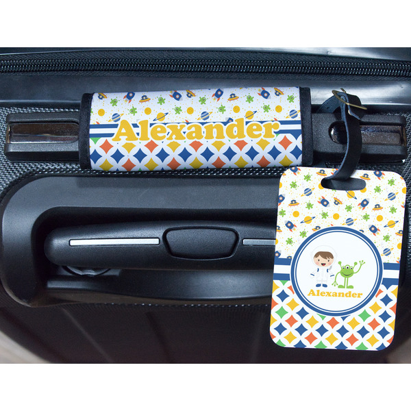 Boy's Space & Geometric Print Metal Luggage Tag & Handle Wrap - In Context
