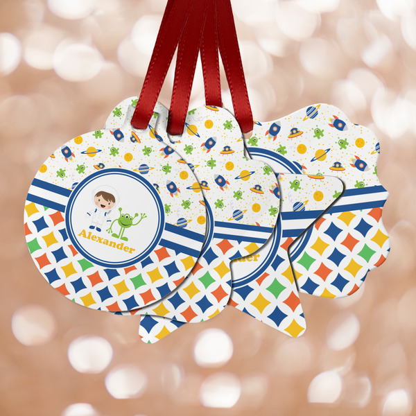 Custom Boy's Space & Geometric Print Metal Ornaments - Double Sided w/ Name or Text