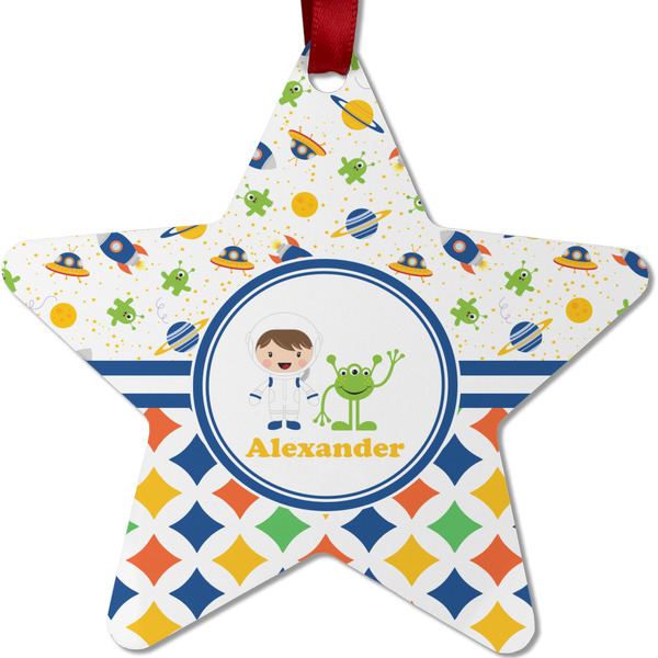 Custom Boy's Space & Geometric Print Metal Star Ornament - Double Sided w/ Name or Text