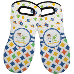Boy's Space & Geometric Print Neoprene Oven Mitts - Set of 2 w/ Name or Text