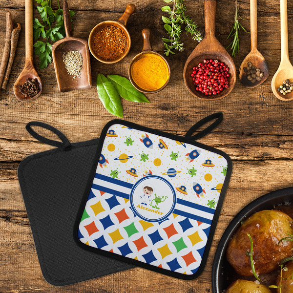 Boy's Space & Geometric Print Neoprene Pot Holder - Set of 2  LIFESTYLE (Flatlay)