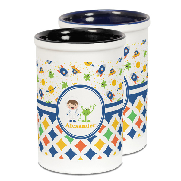 Custom Boy's Space & Geometric Print Ceramic Pencil Holder - Large