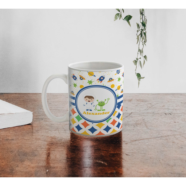 Boy's Space & Geometric Print Personalized Coffee Mug - Lifestyle