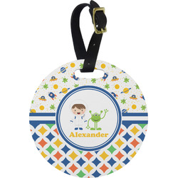Boy's Space & Geometric Print Plastic Luggage Tag - Round (Personalized)
