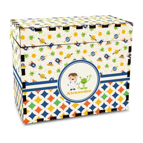 Custom Boy's Space & Geometric Print Wood Recipe Box - Full Color Print (Personalized)