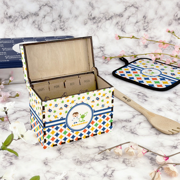 Boy's Space & Geometric Print Recipe Box - Full Color - In Context