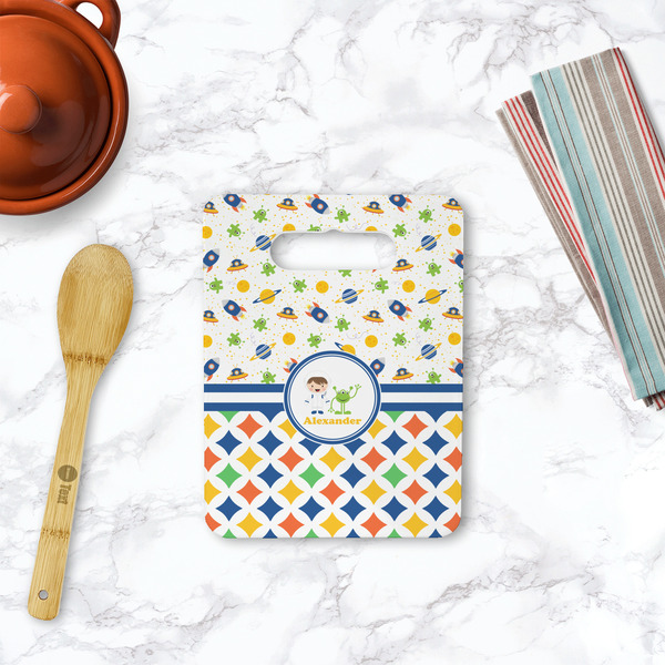 Boy's Space & Geometric Print Rectangle Trivet with Handle - LIFESTYLE