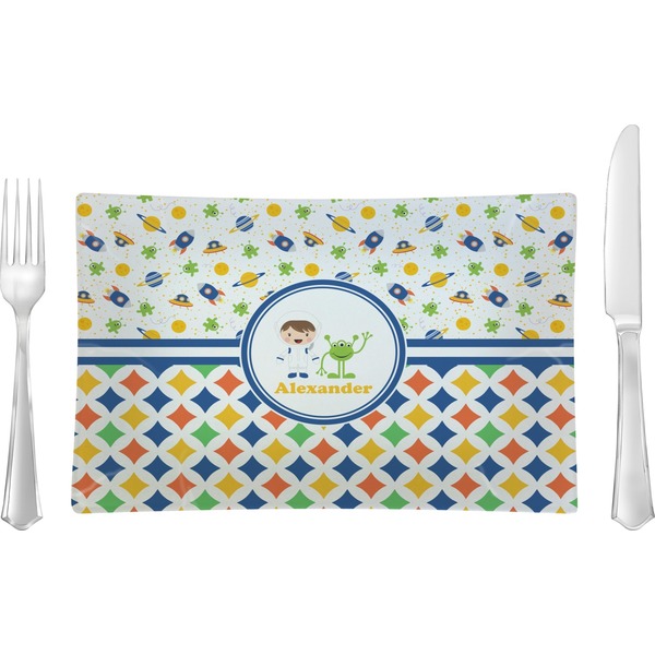 Custom Boy's Space & Geometric Print Rectangular Glass Lunch / Dinner Plate - Single or Set (Personalized)
