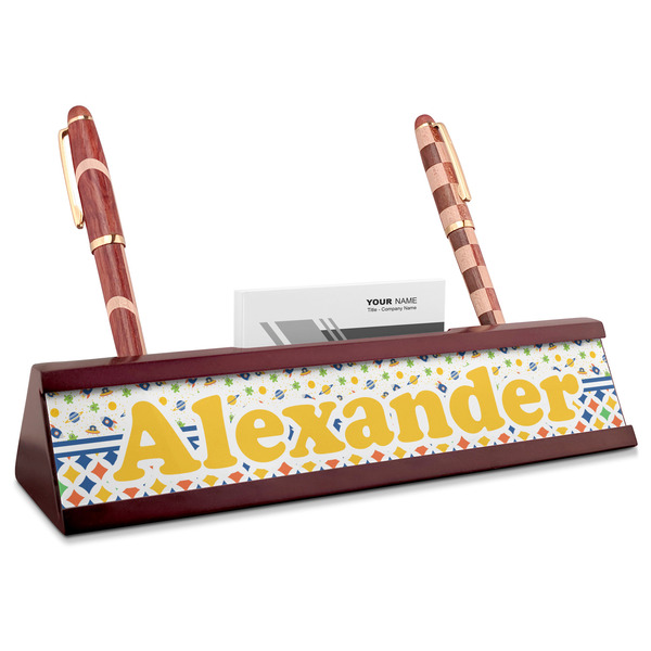 Custom Boy's Space & Geometric Print Red Mahogany Nameplate with Business Card Holder (Personalized)