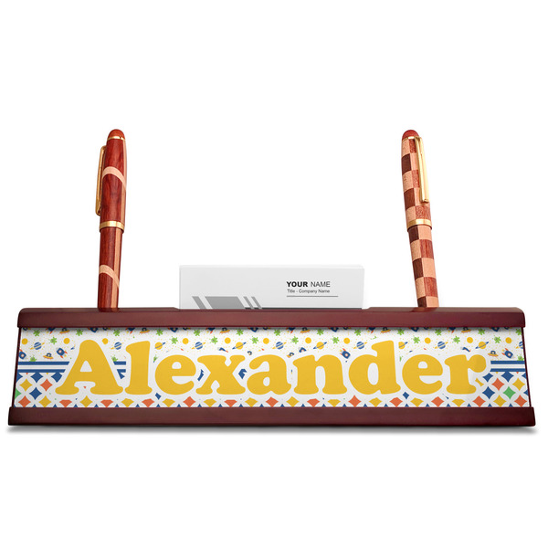Boy's Space & Geometric Print Red Mahogany Nameplates with Business Card Holder - Straight