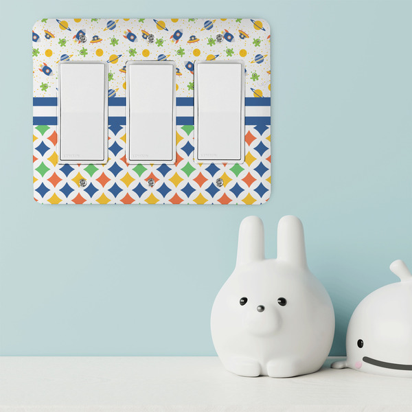 Boy's Space & Geometric Print Rocker Light Switch Covers - Triple - IN CONTEXT