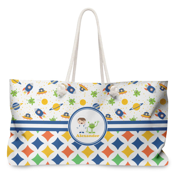 Custom Boy's Space & Geometric Print Large Tote Bag with Rope Handles (Personalized)