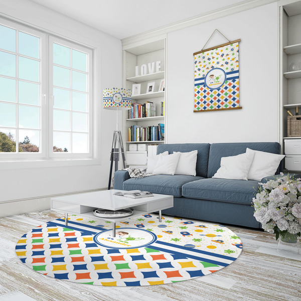Boy's Space & Geometric Print Round Area Rug - IN CONTEXT