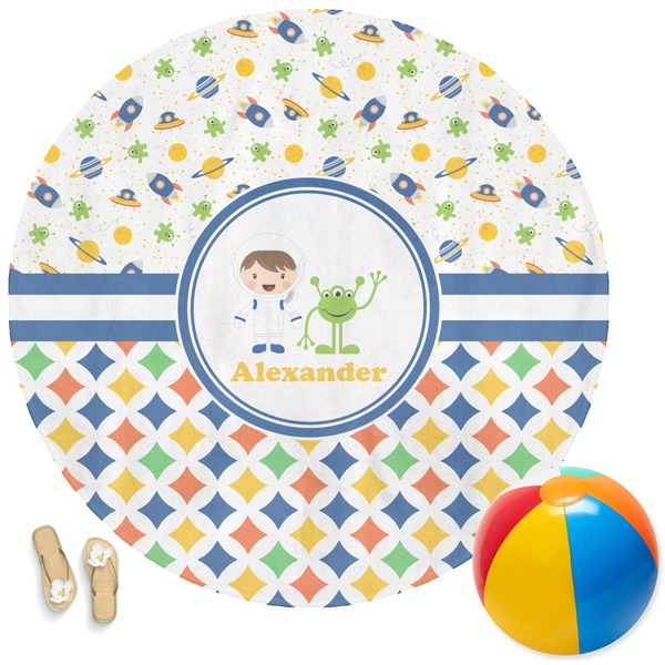 Custom Boy's Space & Geometric Print Round Beach Towel (Personalized)