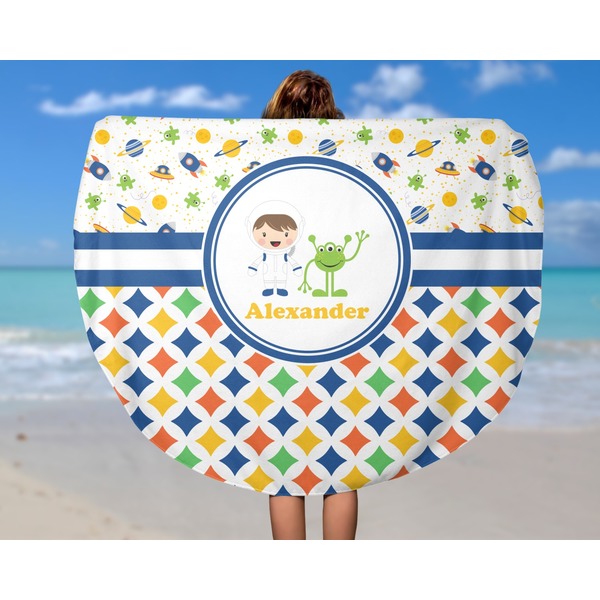 Boy's Space & Geometric Print Round Beach Towel - In Use