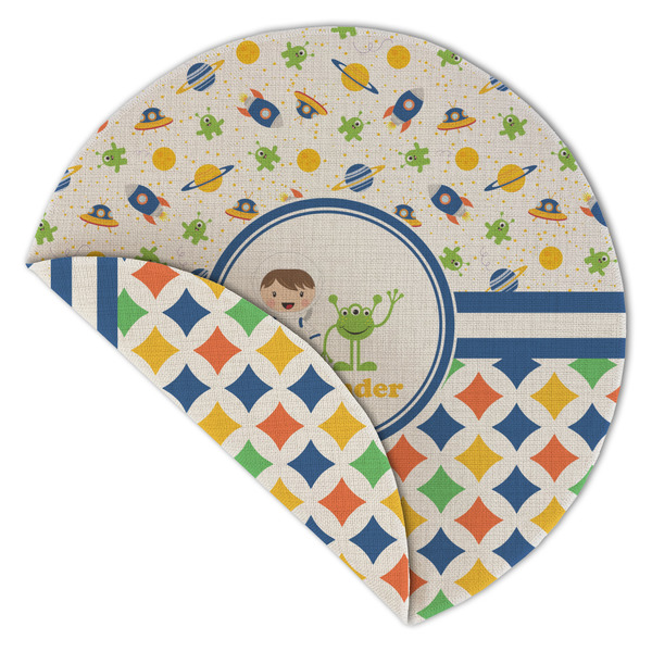 Boy's Space & Geometric Print Round Linen Placemats - Front (folded corner double sided)