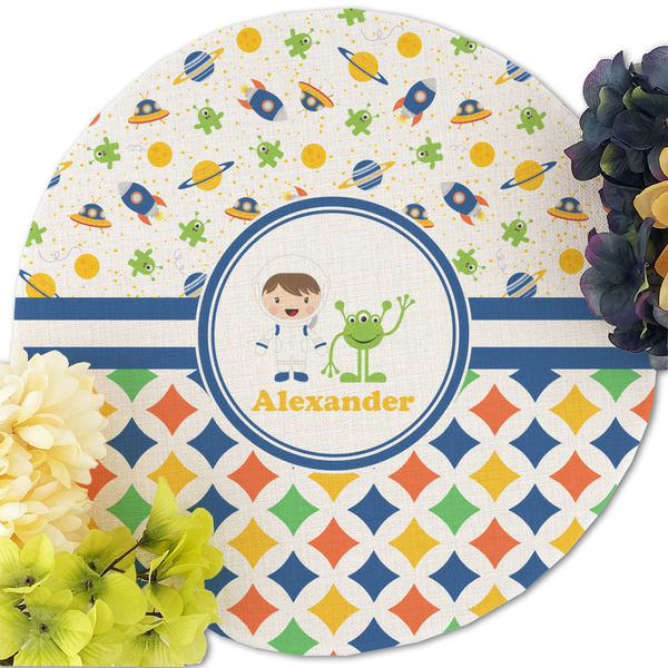 Boy's Space & Geometric Print Round Linen Placemats - Front (w flowers)