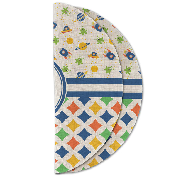 Boy's Space & Geometric Print Round Linen Placemats - HALF FOLDED (double sided)
