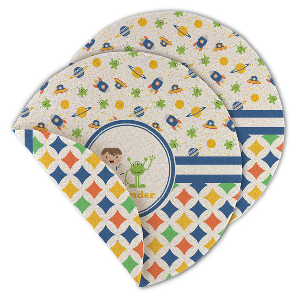 Custom Boy's Space & Geometric Print Round Linen Placemat - Double Sided (Personalized)