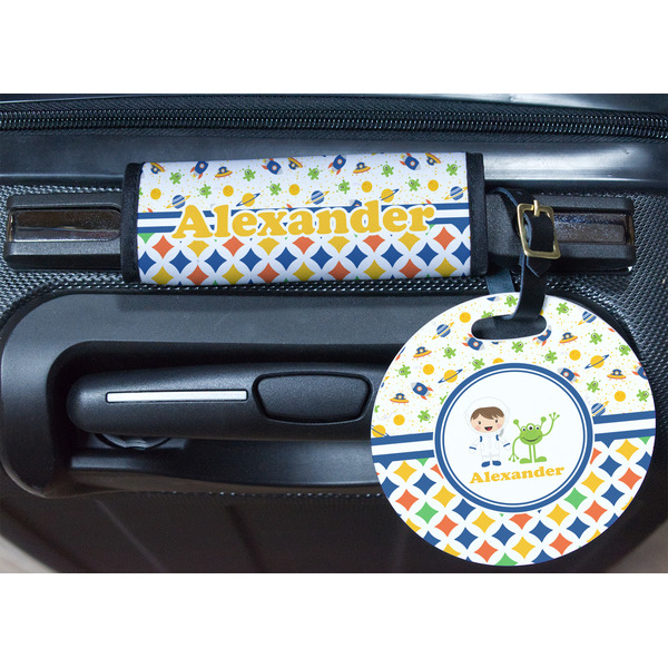 Boy's Space & Geometric Print Round Luggage Tag & Handle Wrap - In Context