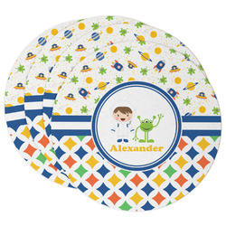 Boy's Space & Geometric Print Round Paper Coasters w/ Name or Text