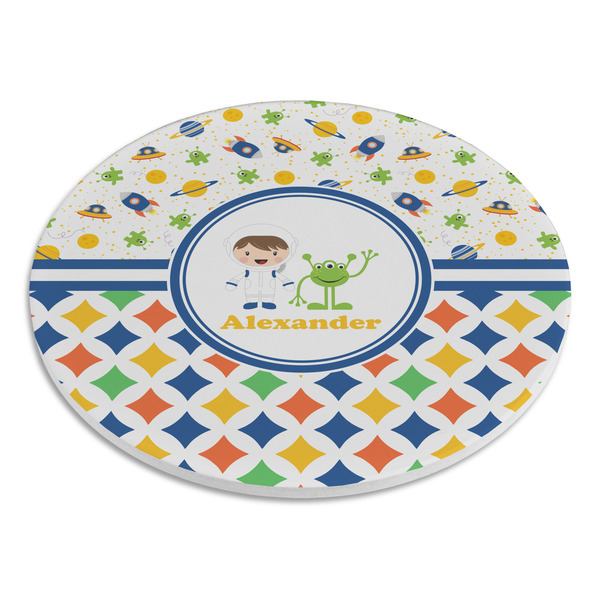 Boy's Space & Geometric Print Round Stone Trivet - Angle View