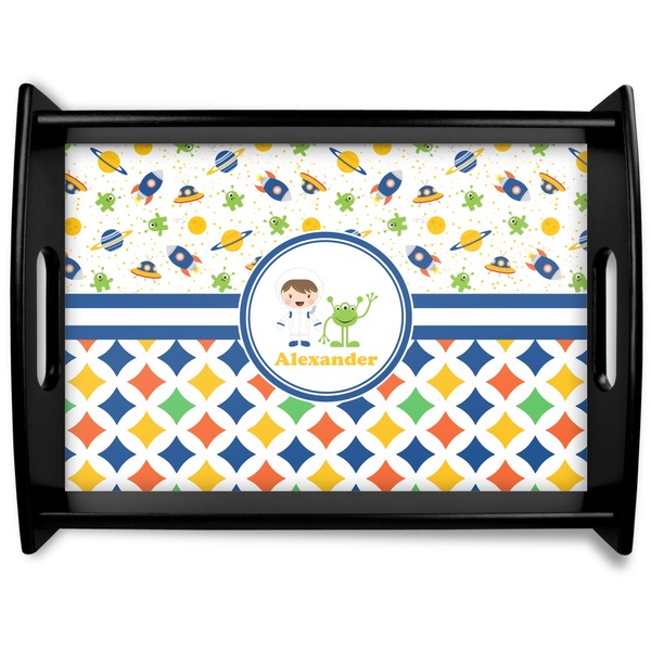 Custom Boy's Space & Geometric Print Black Wooden Tray - Large (Personalized)