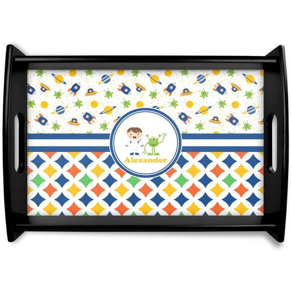 Custom Boy's Space & Geometric Print Black Wooden Tray - Small (Personalized)