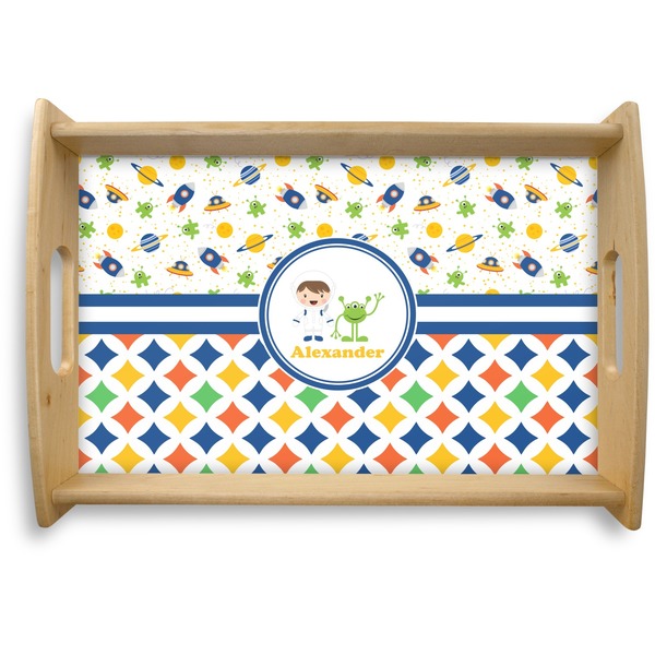 Custom Boy's Space & Geometric Print Natural Wooden Tray - Small (Personalized)