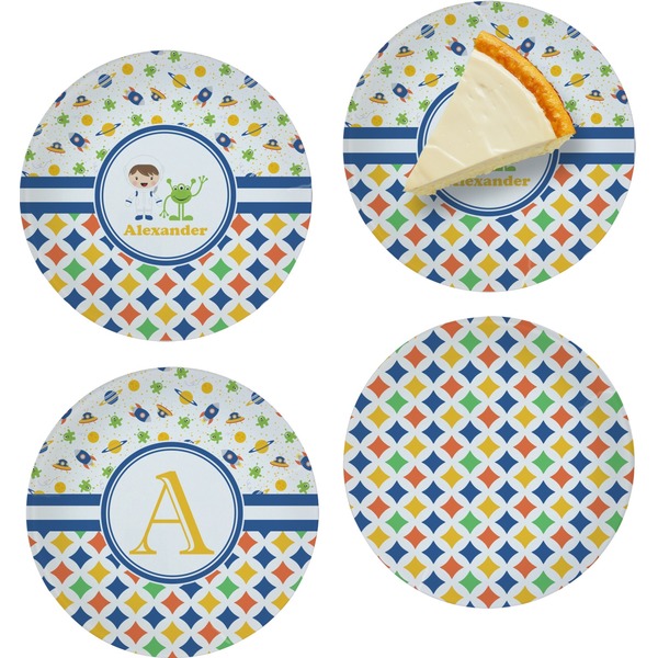 Custom Boy's Space & Geometric Print Set of 4 Glass Appetizer / Dessert Plate 8" (Personalized)