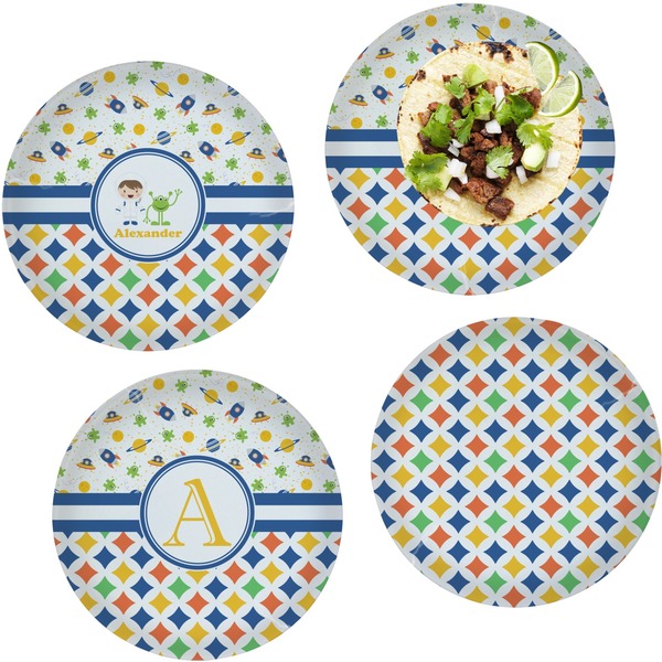 Custom Boy's Space & Geometric Print Set of 4 Glass Lunch / Dinner Plate 10" (Personalized)