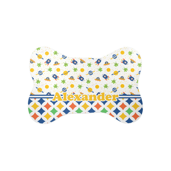 Custom Boy's Space & Geometric Print Bone Shaped Dog Food Mat (Small) (Personalized)