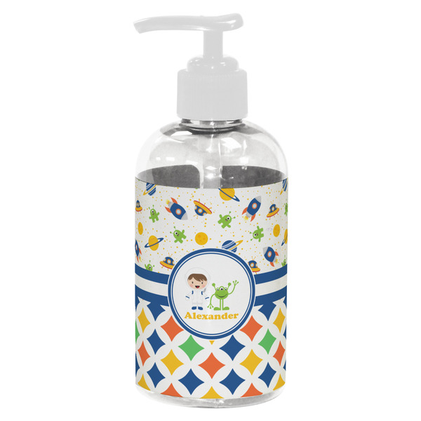 Custom Boy's Space & Geometric Print Plastic Soap / Lotion Dispenser (8 oz - Small - White) (Personalized)